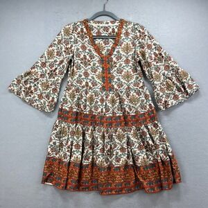 Fat Face Dress Womens US 2 Cream Orange Floral Viscose Hippie Boho Bell Sleeve